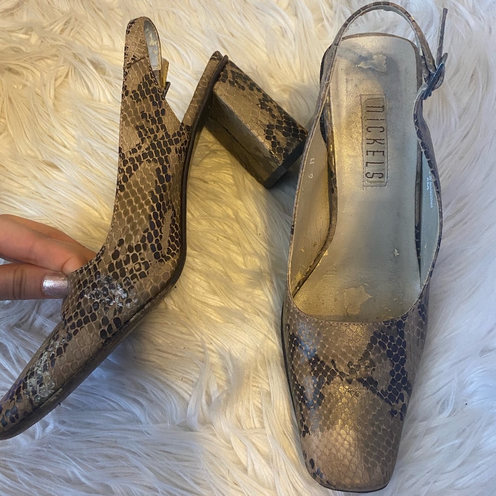 Vintage Snake Print Block Slingback Kitten Heels